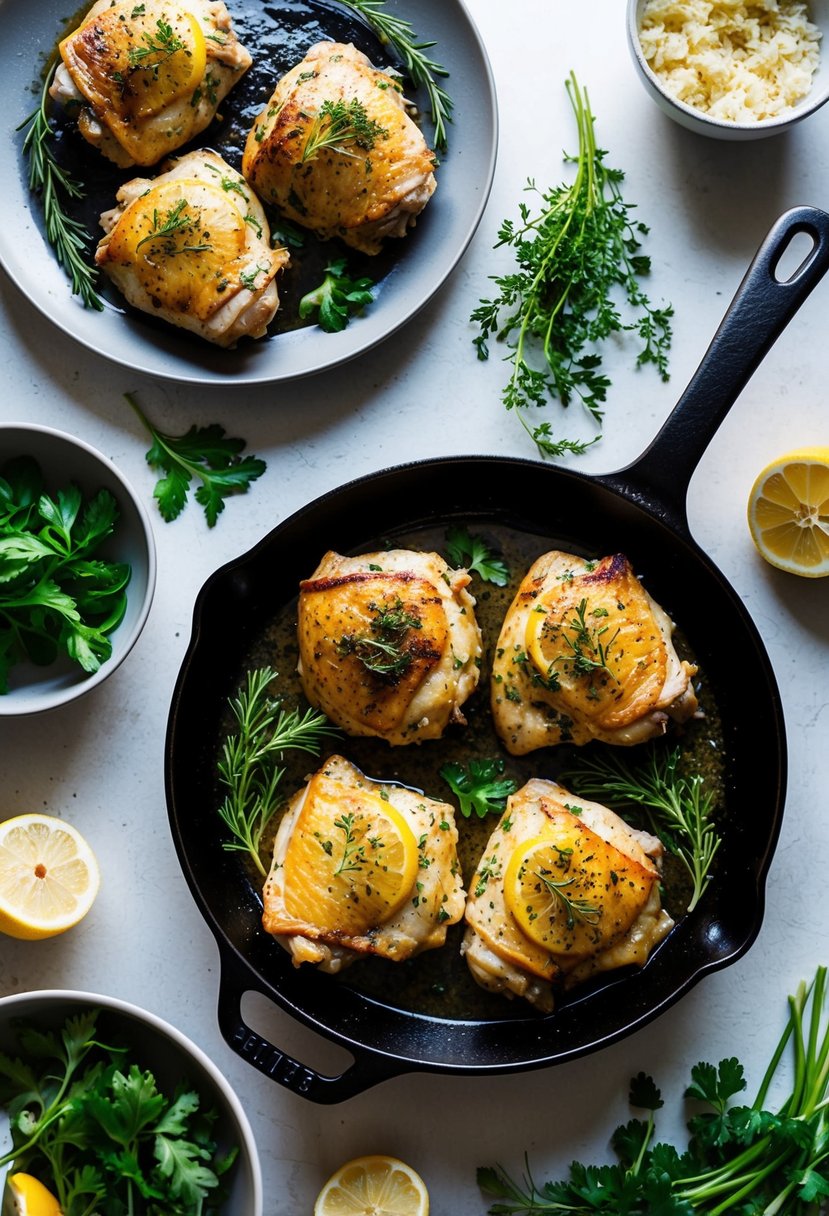 A sizzling skillet with lemon herb chicken thighs surrounded by fresh herbs and low-carb side dishes